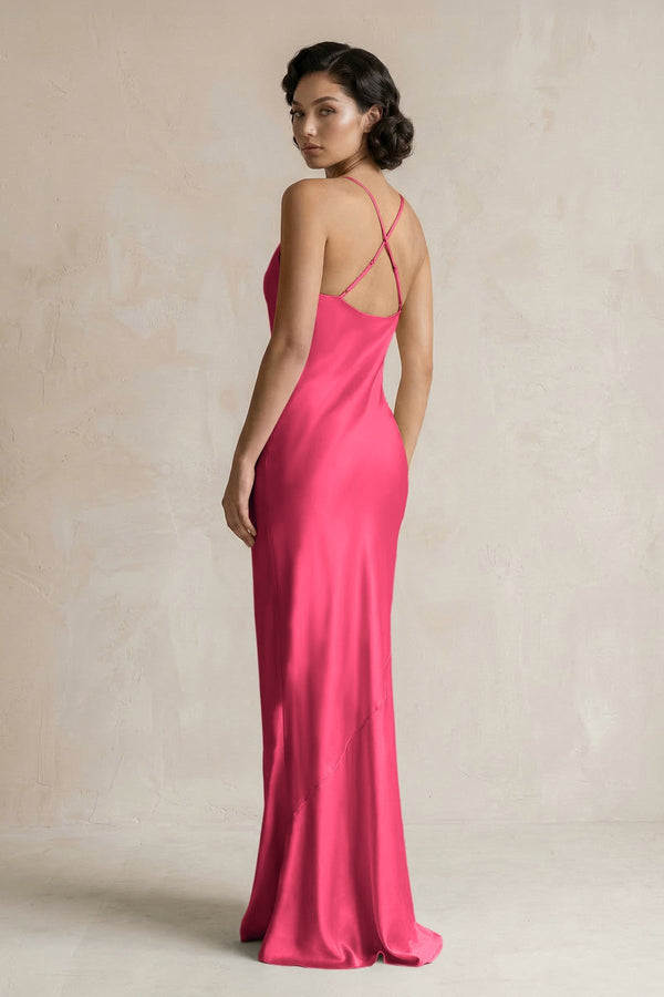 Cami Strap Sheath Satin Bridesmaid Dress in Fuchsia - KISS BRIDAL Bridesmaid Dresses
