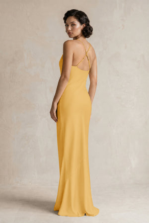 Cami Strap Sheath Satin Bridesmaid Dress in Gold (2) | KISSBRIDAL