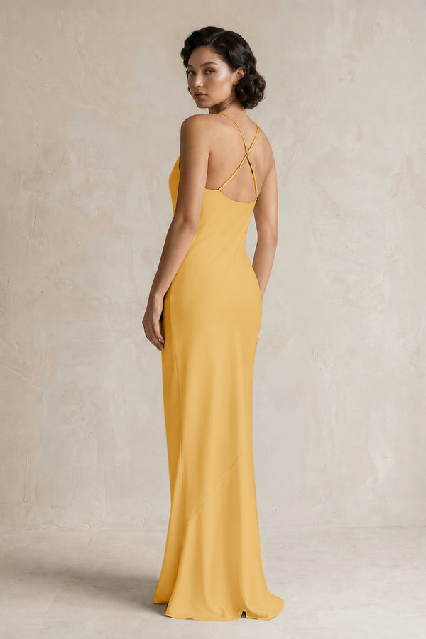 Cami Strap Sheath Satin Bridesmaid Dress in Gold (2) | KISSBRIDAL