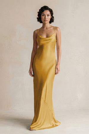 Cami Strap Sheath Satin Bridesmaid Dress in Gold - KISS BRIDAL Bridesmaid Dresses