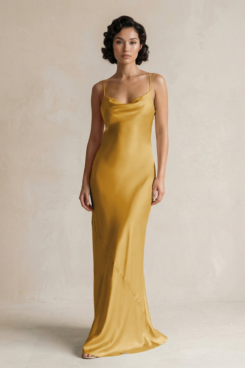 Cami Strap Sheath Satin Bridesmaid Dress in Gold - KISS BRIDAL Bridesmaid Dresses
