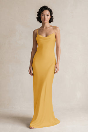 Cami Strap Sheath Satin Bridesmaid Dress in Gold | KISSBRIDAL