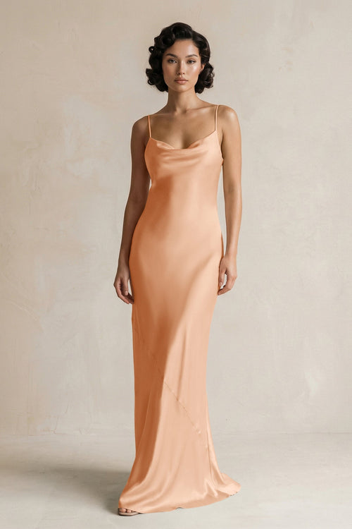 Cami Strap Sheath Satin Bridesmaid Dress in Golden Champagne - KISS BRIDAL Bridesmaid Dresses