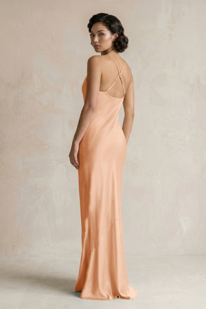 Cami Strap Sheath Satin Bridesmaid Dress in Golden Champagne - KISS BRIDAL Bridesmaid Dresses