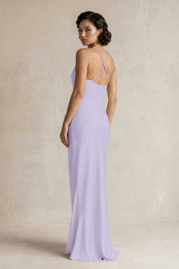Cami Strap Sheath Satin Bridesmaid Dress in Lavender (2) | KISSBRIDAL