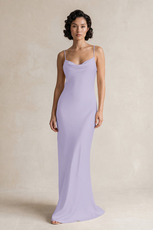 Cami Strap Sheath Satin Bridesmaid Dress in Lavender | KISSBRIDAL