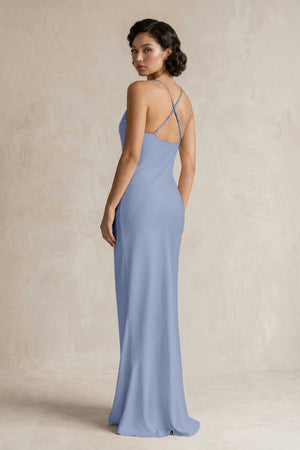 Cami Strap Sheath Satin Bridesmaid Dress in Mist (2) | KISSBRIDAL
