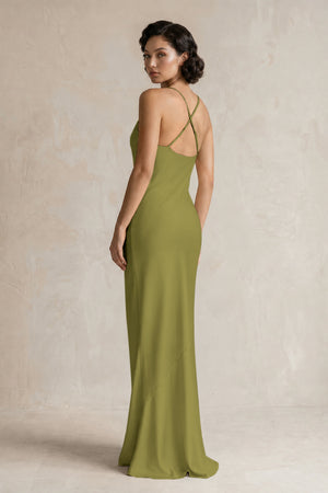Cami Strap Sheath Satin Bridesmaid Dress in Moss Green (2) | KISSBRIDAL