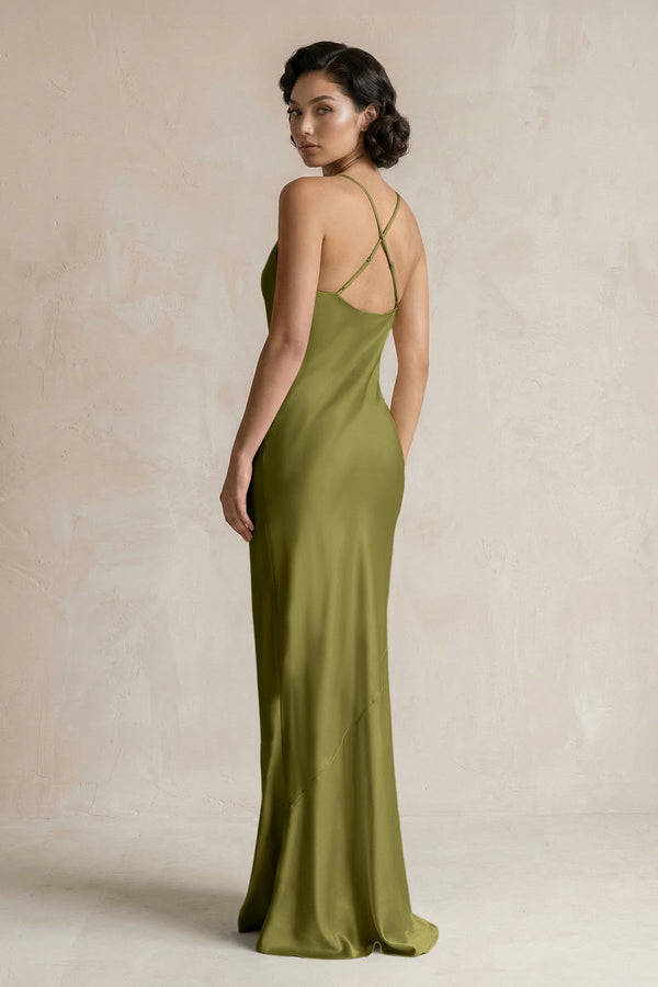 Cami Strap Sheath Satin Bridesmaid Dress in Moss Green - KISS BRIDAL Bridesmaid Dresses