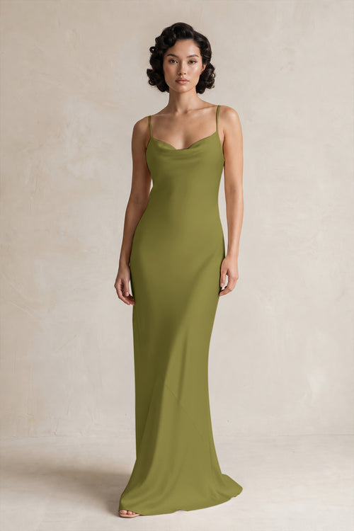 Cami Strap Sheath Satin Bridesmaid Dress in Moss Green | KISSBRIDAL