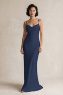 Cami Strap Sheath Satin Bridesmaid Dress in Navy | KISSBRIDAL