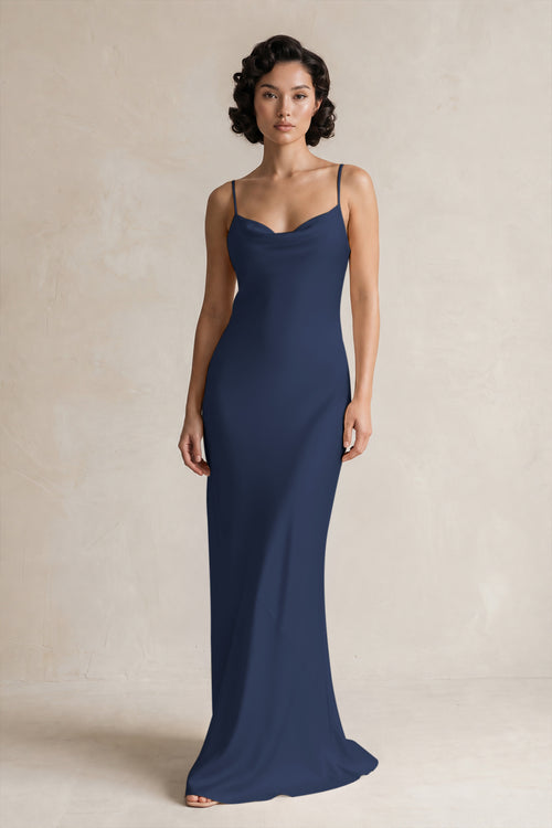 Cami Strap Sheath Satin Bridesmaid Dress in Navy | KISSBRIDAL