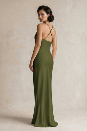 Cami Strap Sheath Satin Bridesmaid Dress in Olive (2) | KISSBRIDAL
