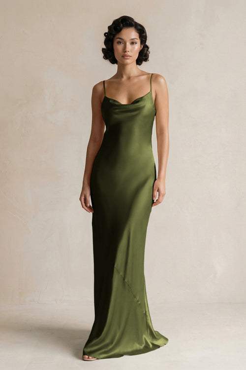 Cami Strap Sheath Satin Bridesmaid Dress in Olive - KISS BRIDAL Bridesmaid Dresses