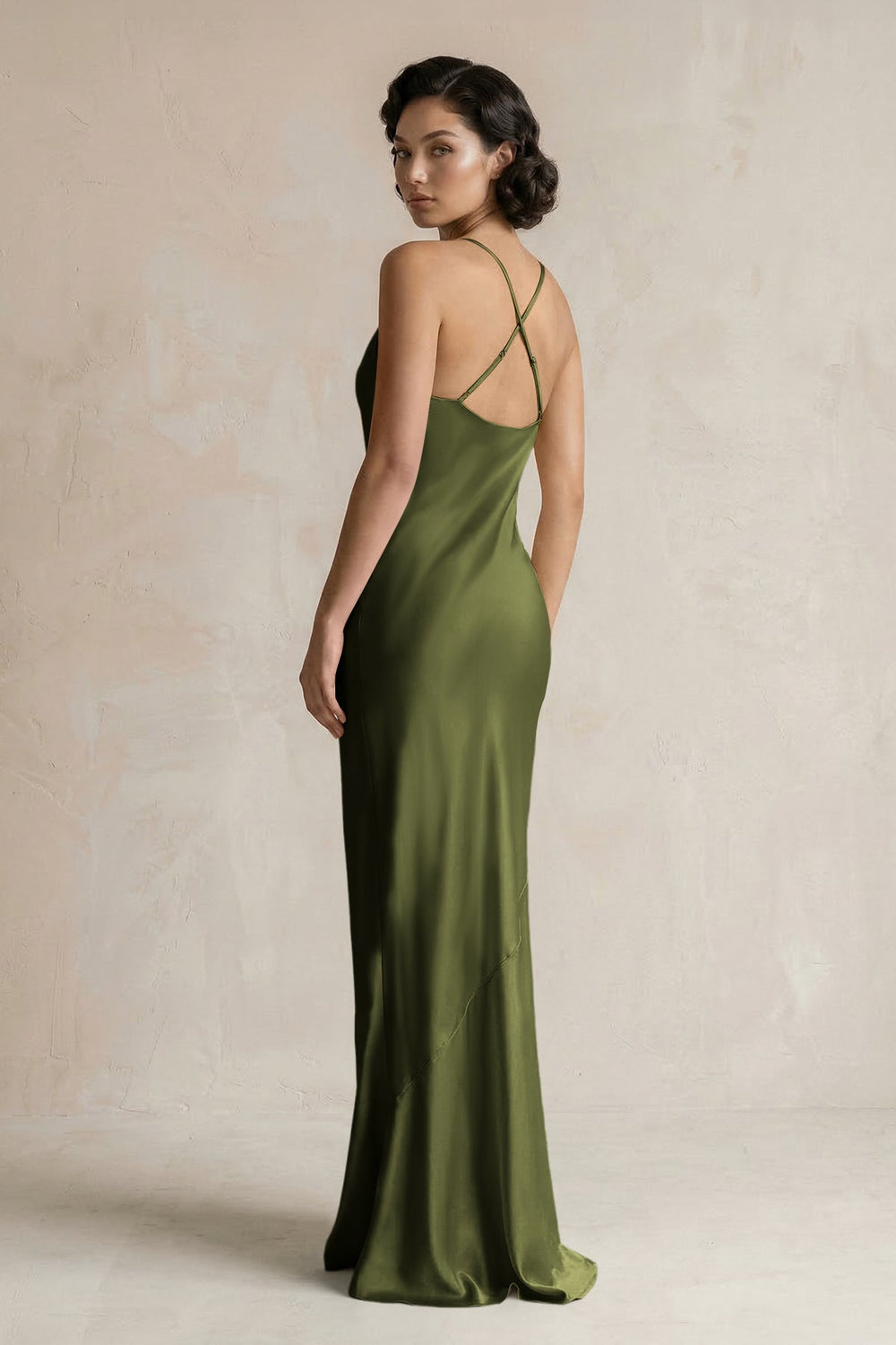 Cami Strap Sheath Satin Bridesmaid Dress in Olive - KISS BRIDAL Bridesmaid Dresses