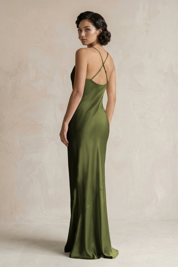 Cami Strap Sheath Satin Bridesmaid Dress in Olive - KISS BRIDAL Bridesmaid Dresses