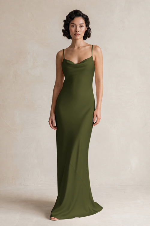 Cami Strap Sheath Satin Bridesmaid Dress in Olive | KISSBRIDAL