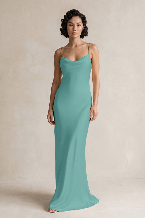 Cami Strap Sheath Satin Bridesmaid Dress in Pale Pistachio | KISSBRIDAL