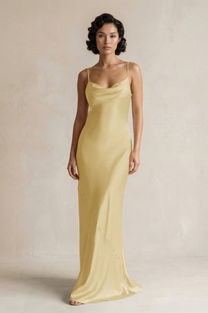 Cami Strap Sheath Satin Bridesmaid Dress in Pastel Yellow - KISS BRIDAL Bridesmaid Dresses