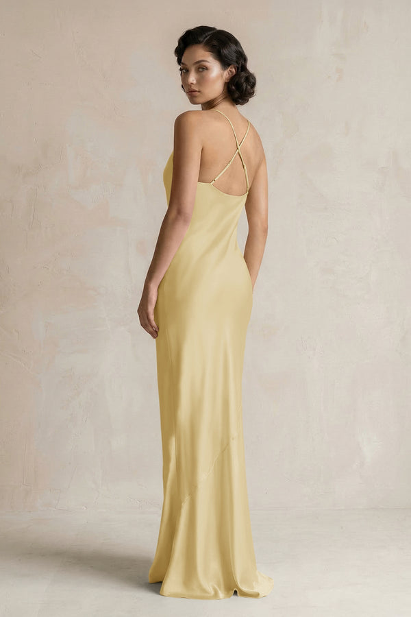 Cami Strap Sheath Satin Bridesmaid Dress in Pastel Yellow - KISS BRIDAL Bridesmaid Dresses