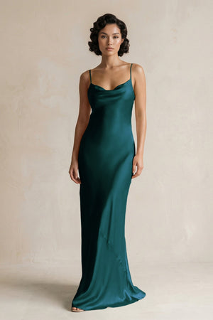Cami Strap Sheath Satin Bridesmaid Dress in Pine - KISS BRIDAL Bridesmaid Dresses