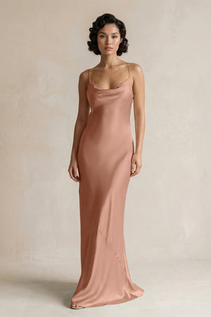 Cami Strap Sheath Satin Bridesmaid Dress in Rosette - KISS BRIDAL Bridesmaid Dresses