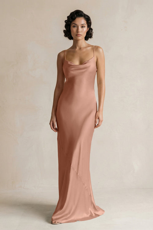 Cami Strap Sheath Satin Bridesmaid Dress in Rosette - KISS BRIDAL Bridesmaid Dresses