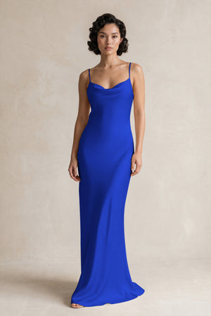 Cami Strap Sheath Satin Bridesmaid Dress in Royal Blue | KISSBRIDAL