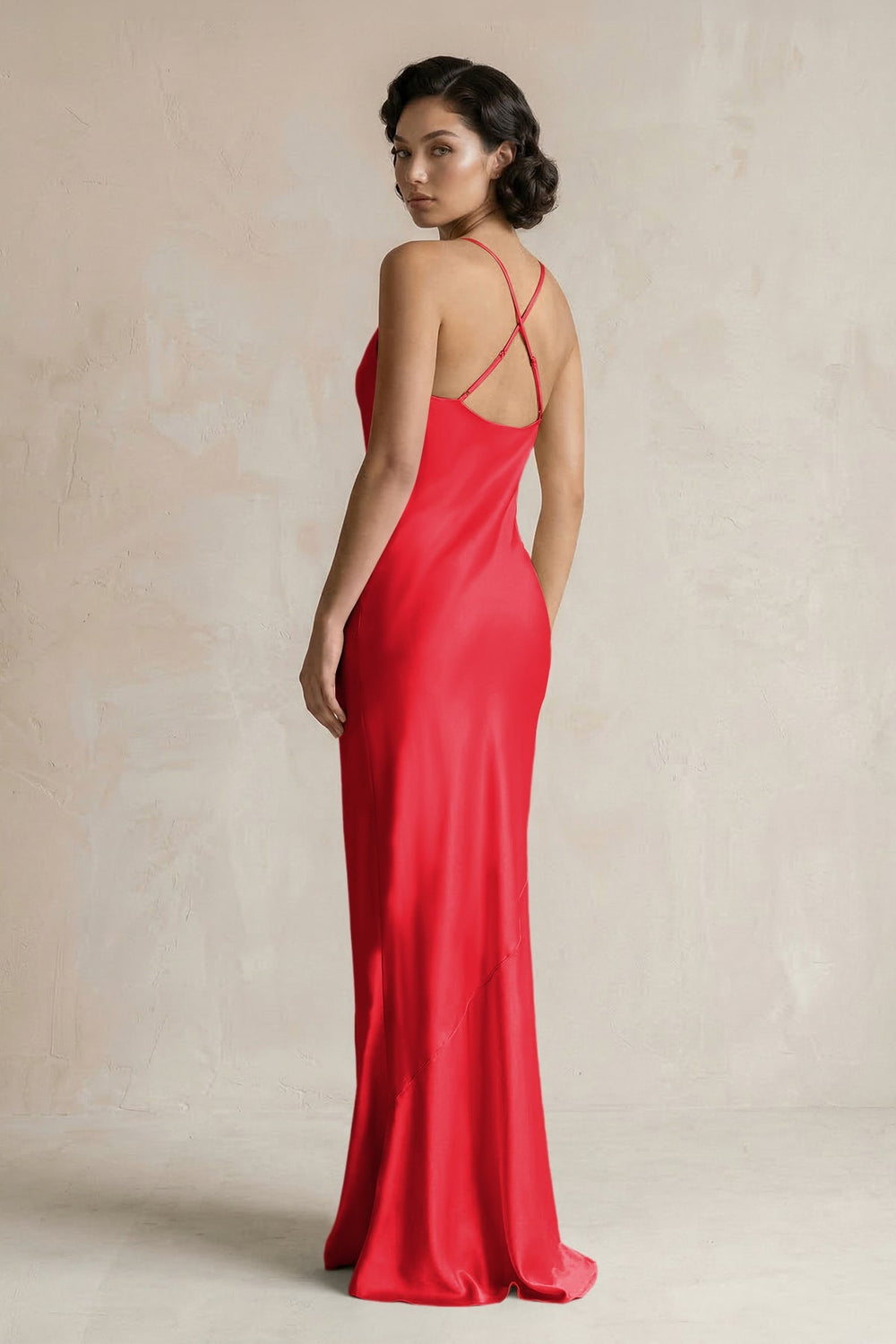 Cami Strap Sheath Satin Bridesmaid Dress in Ruby Red - KISS BRIDAL Bridesmaid Dresses