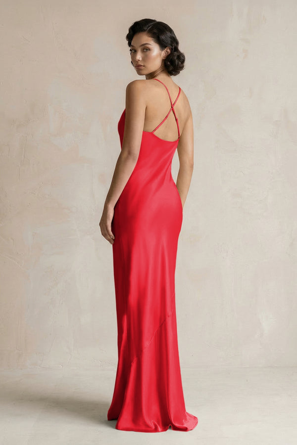 Cami Strap Sheath Satin Bridesmaid Dress in Ruby Red - KISS BRIDAL Bridesmaid Dresses