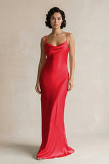 Cami Strap Sheath Satin Bridesmaid Dress in Ruby Red - KISS BRIDAL Bridesmaid Dresses