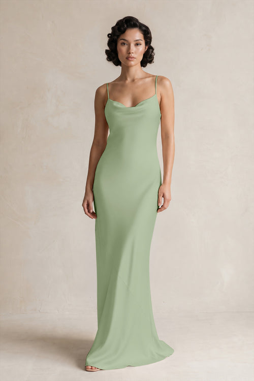 Cami Strap Sheath Satin Bridesmaid Dress in Sage - KISSBRIDAL