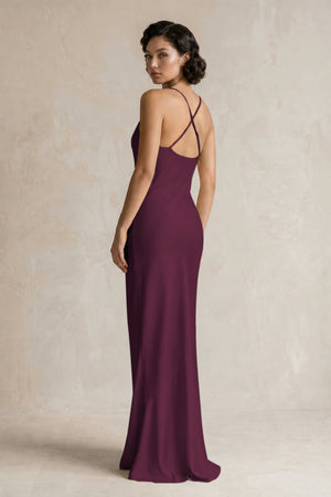 Cami Strap Sheath Satin Bridesmaid Dress in Sangria (2) | KISSBRIDAL