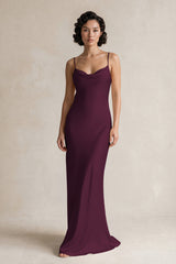 Cami Strap Sheath Satin Bridesmaid Dress in Sangria | KISSBRIDAL