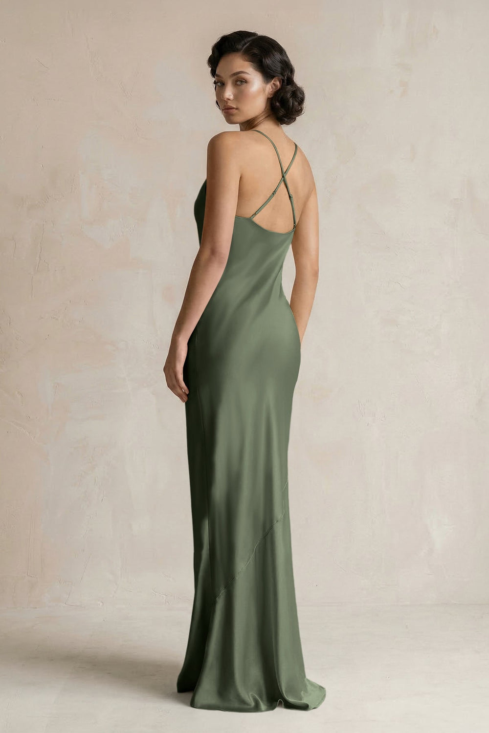 Cami Strap Sheath Satin Bridesmaid Dress in Thyme - KISS BRIDAL Bridesmaid Dresses