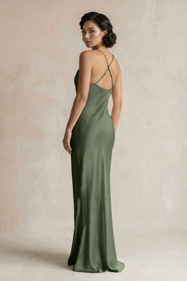 Cami Strap Sheath Satin Bridesmaid Dress in Thyme - KISS BRIDAL Bridesmaid Dresses