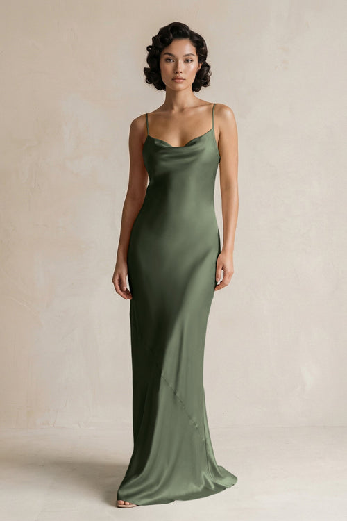 Cami Strap Sheath Satin Bridesmaid Dress in Thyme - KISS BRIDAL Bridesmaid Dresses