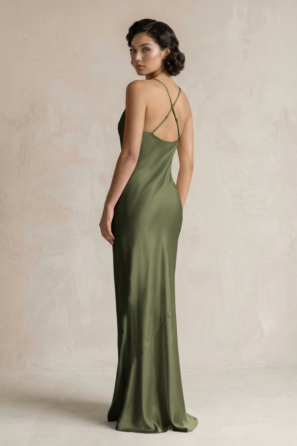 Cami Strap Sheath Satin Bridesmaid Dress in Willow Green - KISS BRIDAL Bridesmaid Dresses