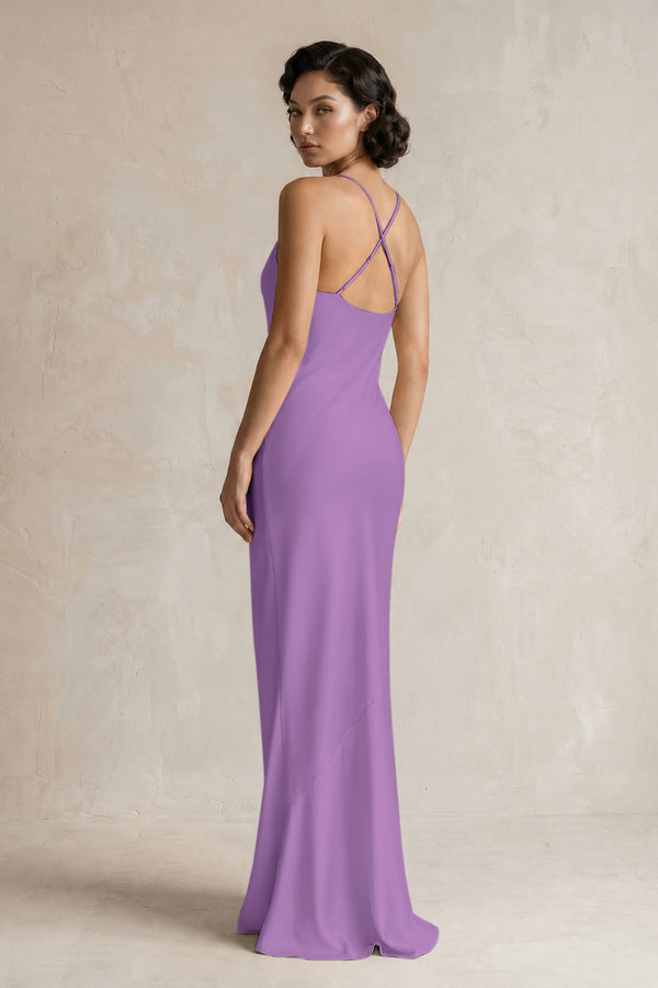 Cami Strap Sheath Satin Bridesmaid Dress in Wisteria (2) | KISSBRIDAL