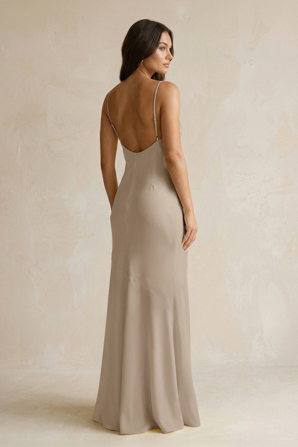 Cami Strap Sheath Satin Bridesmaid Dress With Slit in Almond - KISS BRIDAL Bridesmaid Dresses