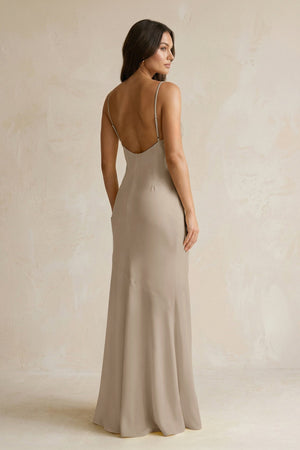 Cami Strap Sheath Satin Bridesmaid Dress With Slit in Almond - KISS BRIDAL Bridesmaid Dresses