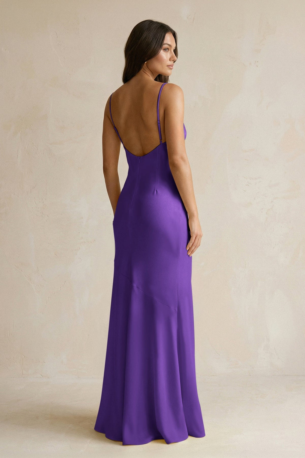 Cami Strap Sheath Satin Bridesmaid Dress With Slit in Amethyst - KISS BRIDAL Bridesmaid Dresses