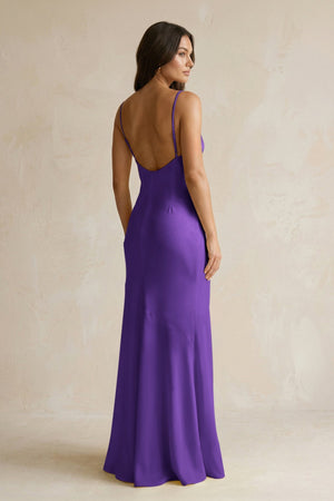 Cami Strap Sheath Satin Bridesmaid Dress With Slit in Amethyst - KISS BRIDAL Bridesmaid Dresses