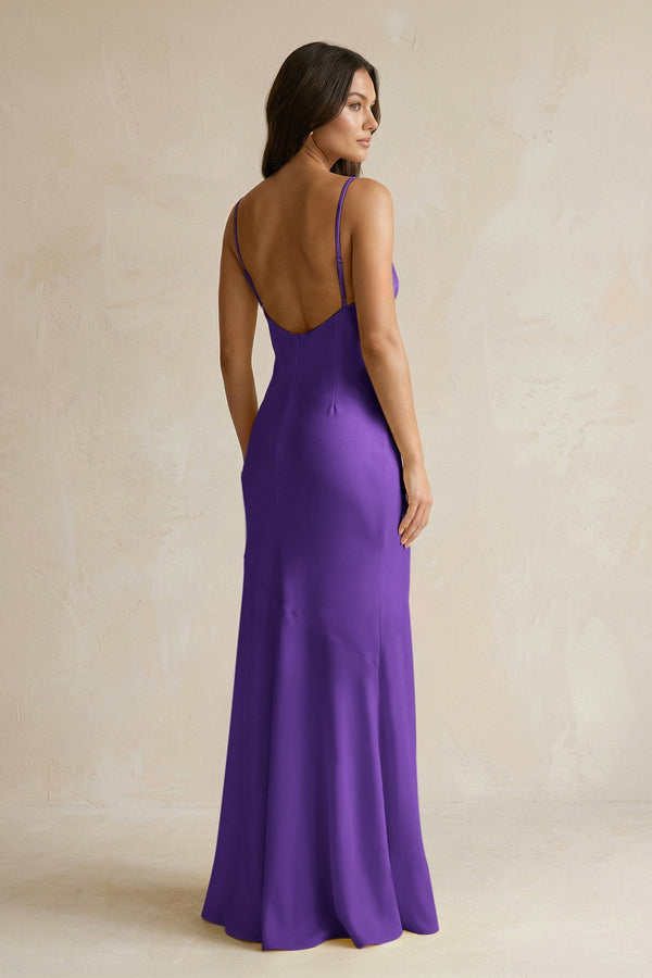 Cami Strap Sheath Satin Bridesmaid Dress With Slit in Amethyst - KISS BRIDAL Bridesmaid Dresses