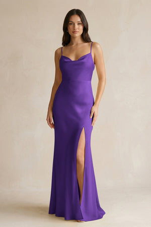 Cami Strap Sheath Satin Bridesmaid Dress With Slit in Amethyst - KISS BRIDAL Bridesmaid Dresses