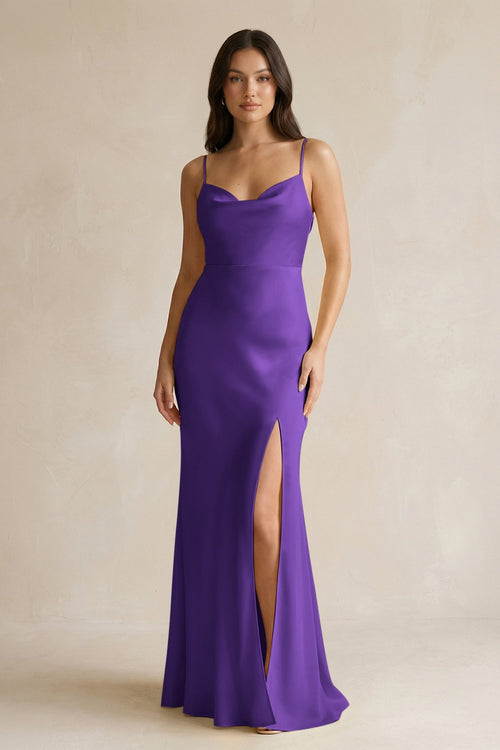 Cami Strap Sheath Satin Bridesmaid Dress With Slit in Amethyst - KISS BRIDAL Bridesmaid Dresses