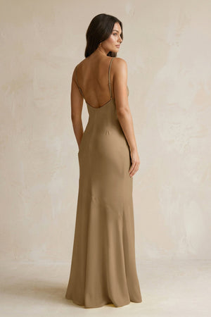 Cami Strap Sheath Satin Bridesmaid Dress With Slit in Apple Cinnamon - KISS BRIDAL Bridesmaid Dresses