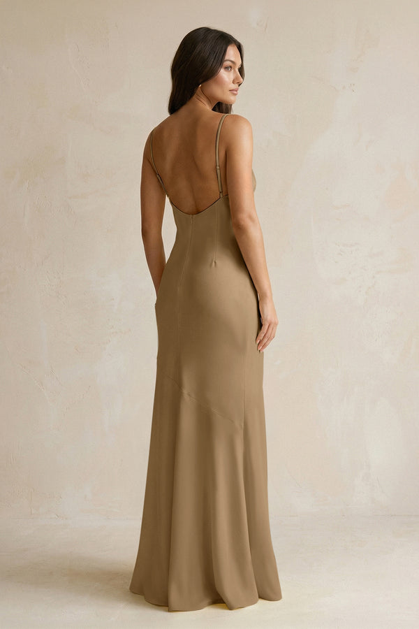Cami Strap Sheath Satin Bridesmaid Dress With Slit in Apple Cinnamon - KISS BRIDAL Bridesmaid Dresses