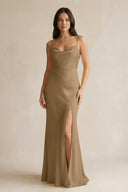 Cami Strap Sheath Satin Bridesmaid Dress With Slit in Apple Cinnamon - KISS BRIDAL Bridesmaid Dresses