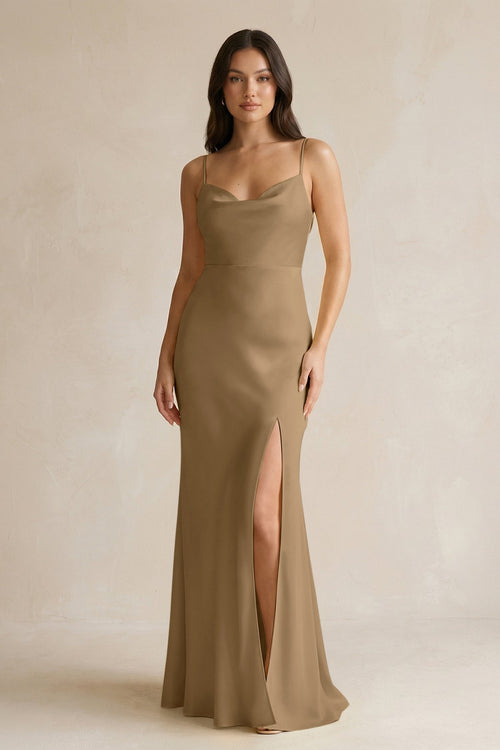 Cami Strap Sheath Satin Bridesmaid Dress With Slit in Apple Cinnamon - KISS BRIDAL Bridesmaid Dresses